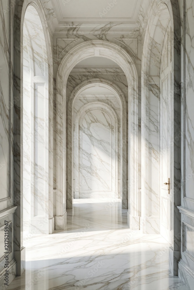 Obraz premium Elegant white marble hallway with arched doorways. Luxury interior design features polished stone walls, floor. Classic architecture with grand symmetrical corridors. Bright light shines through