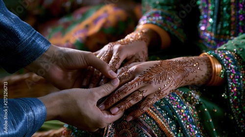Couple's hands with intricate henna mehndi designs during a cultural wedding ceremony with soft ambient light
