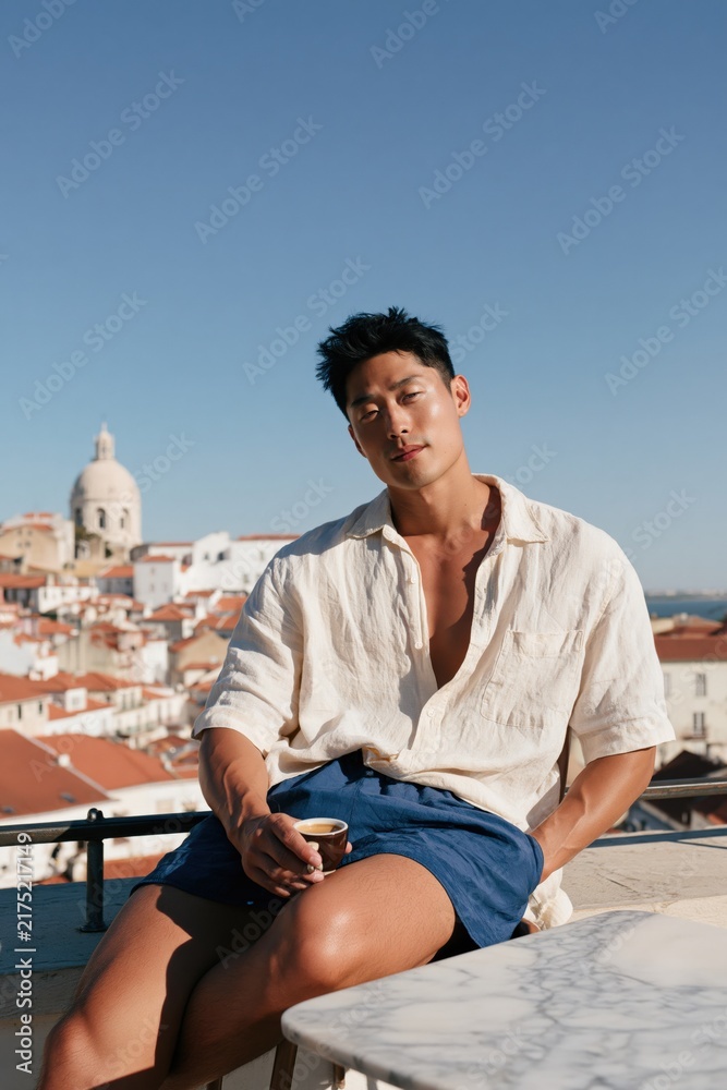 Obraz premium Man enjoying espresso on terrace with historic city view for travel lifestyle background and relaxed summer portrait