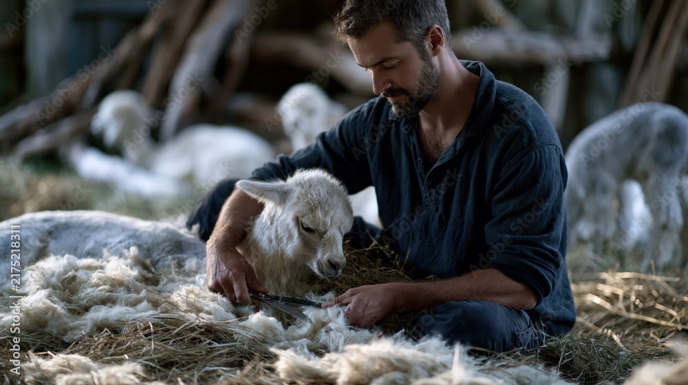 Fototapeta premium Farmer gently tending a young alpaca amidst wool in a rustic barn during soft daylight