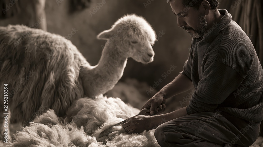 Fototapeta premium Shepherd tending a fluffy alpaca with shearing scissors during a warm rustic harvest in soft diffused natural light