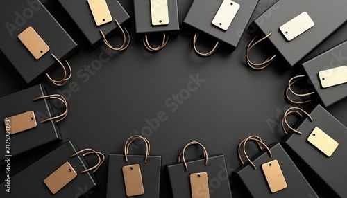 Black shopping bags arranged in a circle with blank gold tags on a dark gray background