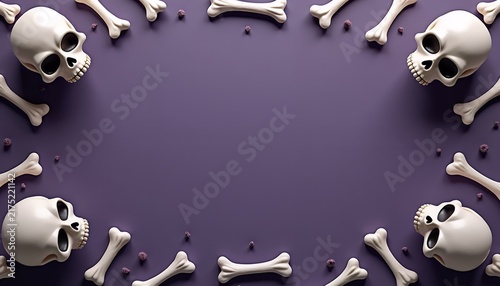 Spooky halloween frame featuring white human skulls and bones on a purple background