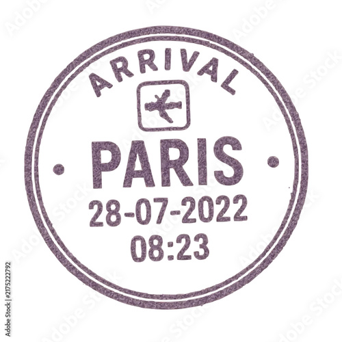 Purple round arrival stamp for paris travel with airplane icon and date Vector