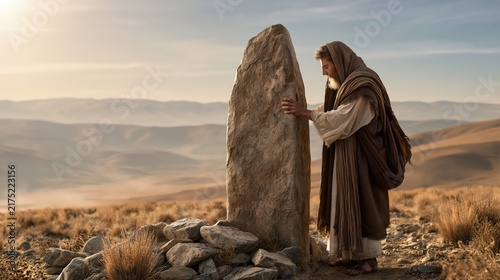 Jacob setting up a stone pillar at Bethel after his heavenly vision as a memorial of God's promise.