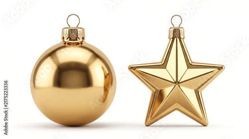 Highly realistic pair of gold Christmas ornaments, one spherical polished bauble and one five-pointed star decoration, metallic reflective surfaces, fine hanging caps and rich golden tones
