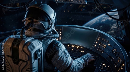 Astronaut piloting a spaceship looking out at Earth from the cockpit