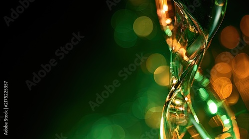 A translucent, glowing double helix structure set against a bokeh green background