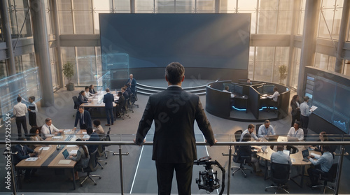 Futuristic Business Meeting in High-Tech Office