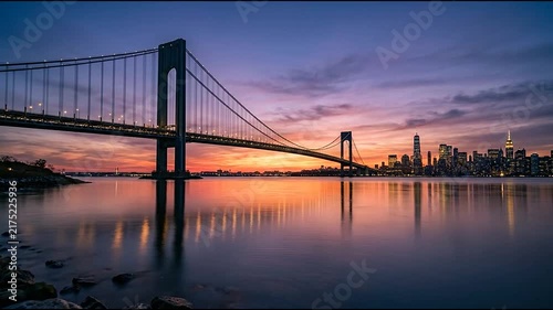 Suspension bridge over calm water during sunset.