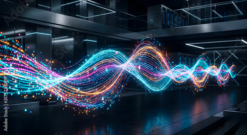 Advanced technology abstract data stream moving through futuristic server room