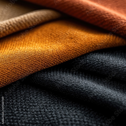 Close-up view of textured fabrics in warm, earthy tones overlapping