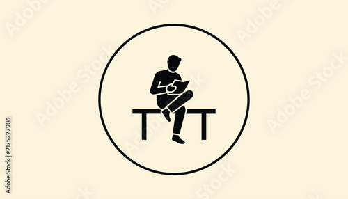 Minimalist black icon of a person sitting on a bench reading a book inside a thin circular frame on a beige background.