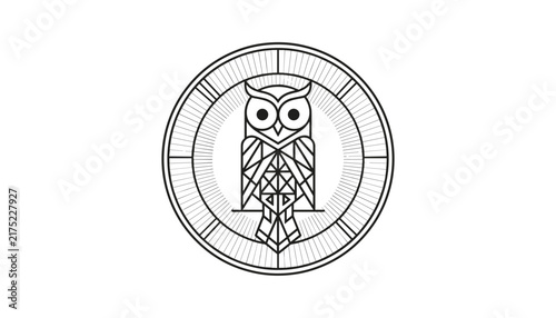 Geometric line art logo of an owl perched inside a circular frame with decorative sunburst rays on white background.