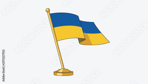National blue and yellow flag of Ukraine waving gracefully on a golden flagpole over a light grey background.