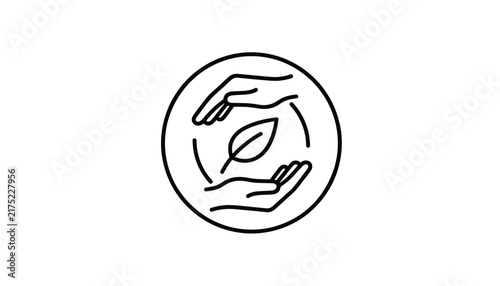 Minimalist black line icon representing environmental protection with two hands cradling a leaf inside a circle.