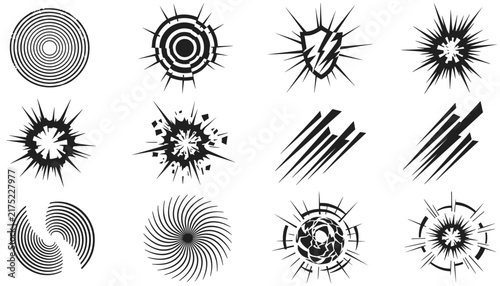 Collection of twelve comic book action effects in black ink silhouettes depicting explosions, slashes, and energy waves.