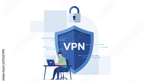 Virtual private network illustration of a professional working on a laptop secured by a giant vpn shield and a padlock.