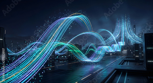 Glowing digital data waves flowing like bridges across a futuristic cyberpunk