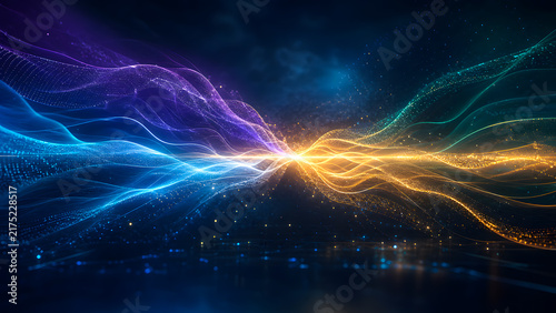 Two opposing digital data streams converging with a bright energy flash
