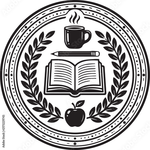 Professional academic wreath seal with central book pencil and coffee cup highlights excellence in education and teaching success.