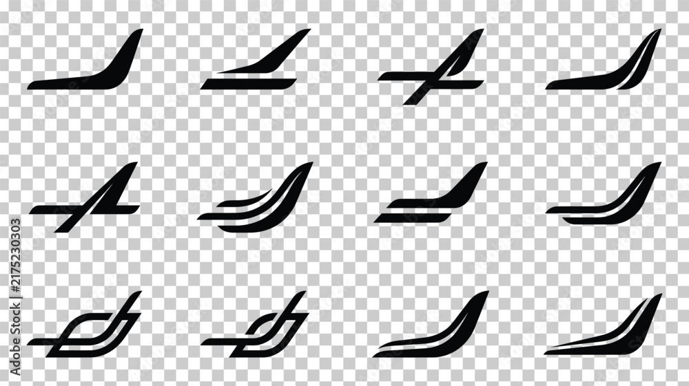 Fototapeta premium Minimalist airplane tail wing icons, set of 12 black aircraft stabilizer silhouettes, aviation logo vector elements for airline branding