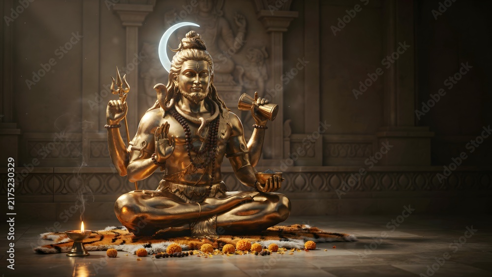 Obraz premium Serene Bronze Statue of Shiva in Tranquil Temple Setting