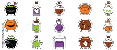 Cute Halloween Magic Potion Jar and Witch Wand Cauldron Vector Sticker Set