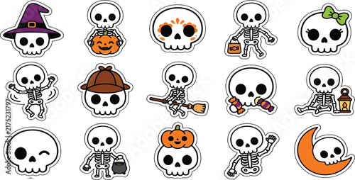 Cute Skeleton Characters in Halloween Costumes and Props Vector Illustration