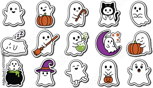 Cute Halloween Ghost Icons with Festive Symbols and Autumnal Colors Vector Illustration