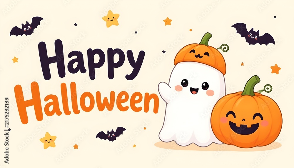 Fototapeta premium Cute Happy Halloween Greeting Card with Smiling Ghost, Pumpkins and Bats