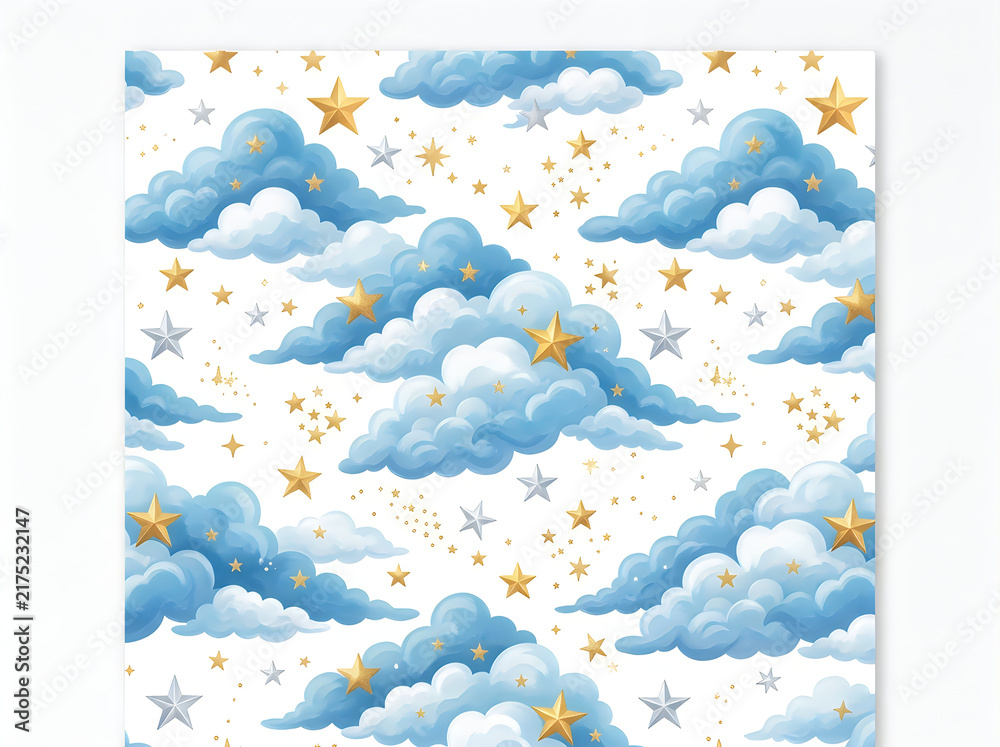 Pixel art seamless pattern with blue clouds and yellow stars