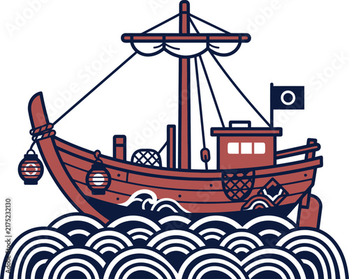 Traditional Japanese wooden fishing boat sailing on stylized ocean waves vector illustration.