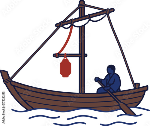 Traditional wooden boat with a rower and a red lantern on the water vector illustration.