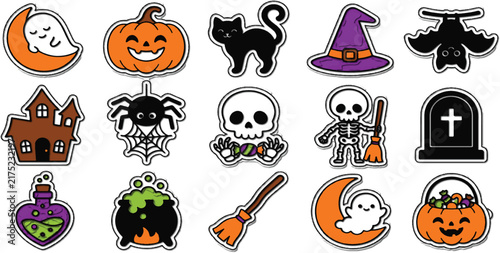 Halloween icons with spooky characters and symbols in a whimsical vector illustration