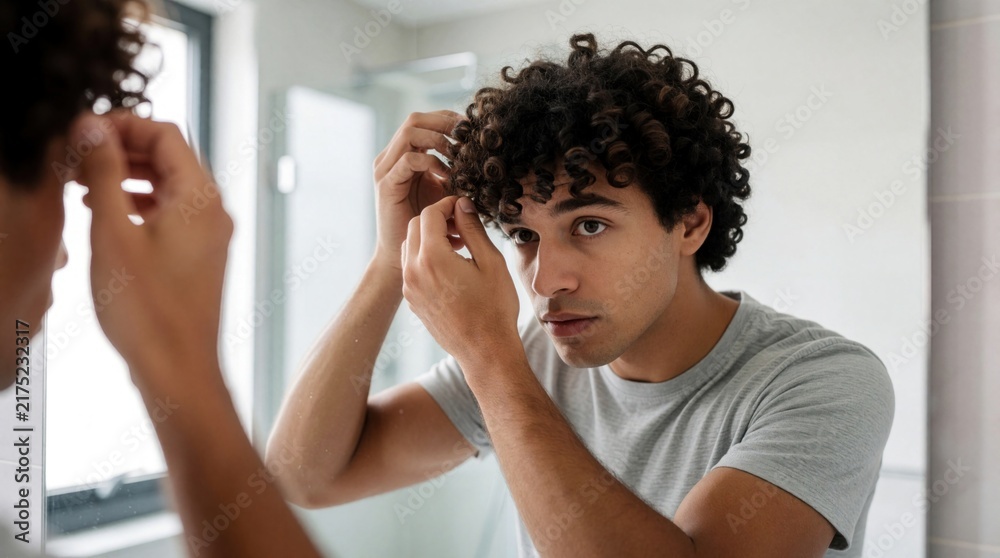 Obraz premium Young man with curly hair styles it in a modern bathroom mirror. He adjusts his hairstyle with his fingers, getting ready for his day with clean grooming.