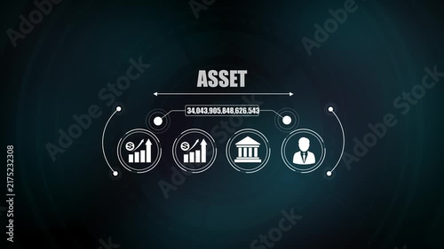 Business asset management concept showing financial growth chart icon, bright idea light bulb symbol, bank building graphic, corporate investor icon.