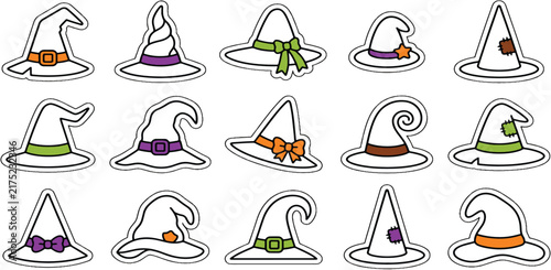 Various Witch Hats with Decorative Ribbons and Buckles in Vector Illustration Style