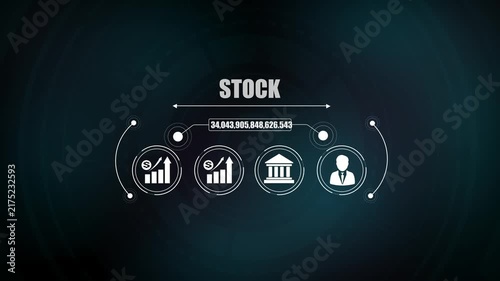 Stock market trading concept showing financial growth chart icon, business idea light bulb symbol, bank building graphic, investor profile.
