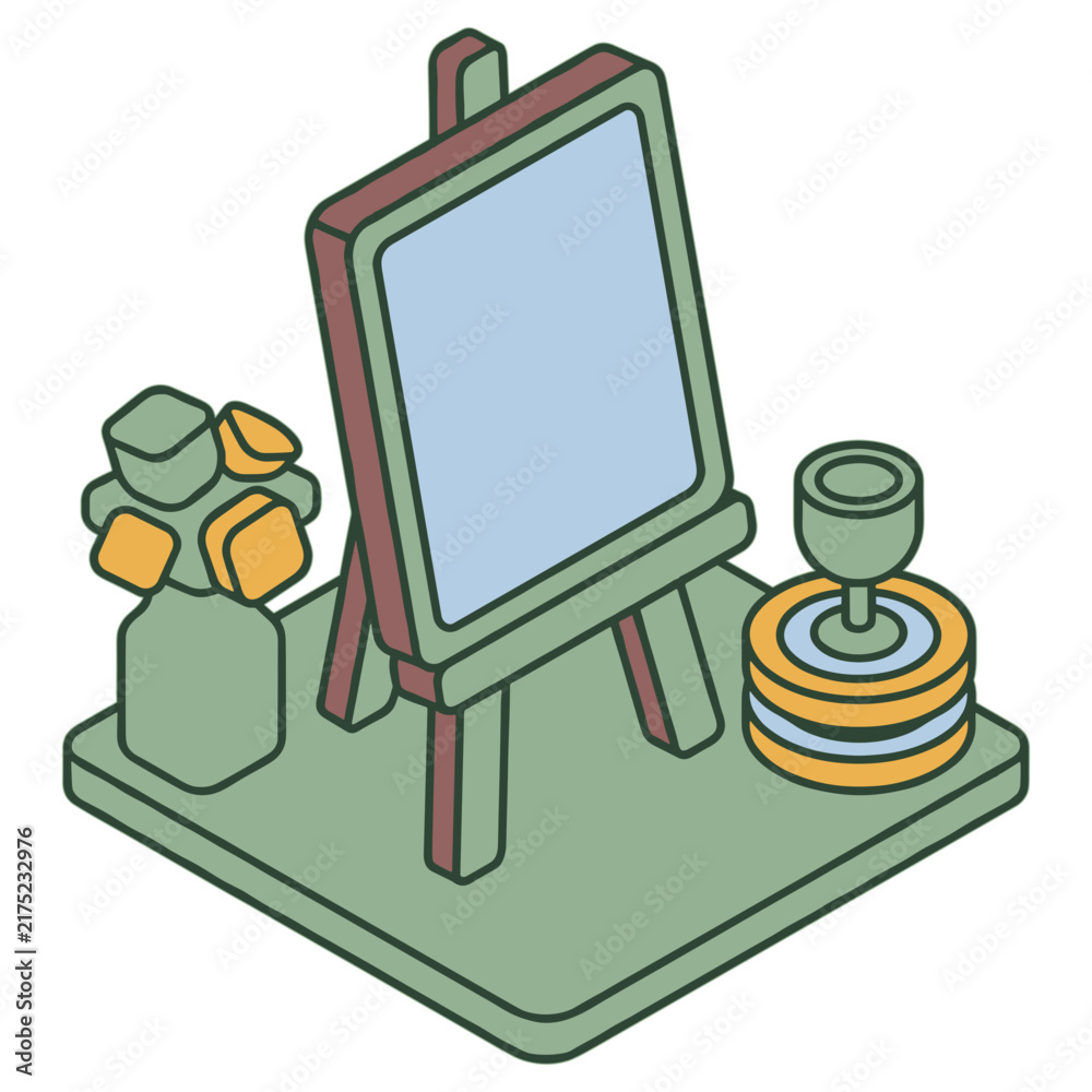 Naklejka premium Isometric pixel art of an artist's easel with flowers and a drink