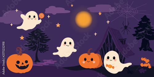 Halloween Background with Spiders, Spider Webs and Spooky Decorations