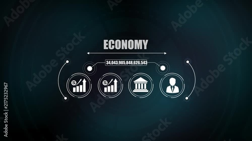 Global economy growth concept with financial market chart icon, business idea light bulb, central bank building graphic, corporate investor symbol.