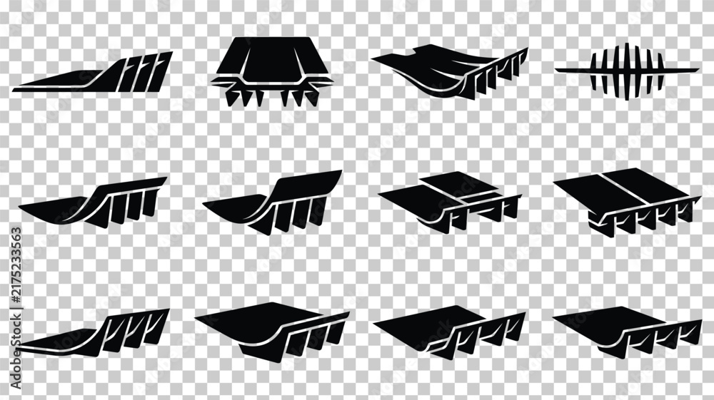 Fototapeta premium Racing car diffuser icons set, black aerodynamic automotive parts, 12 vehicle spoiler and bumper elements for performance tuning