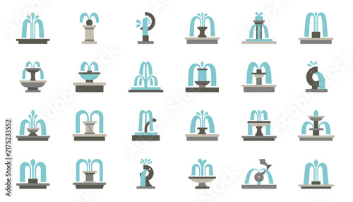 Collection of twenty-four flat design icons showcasing various public water fountain designs and garden statues.