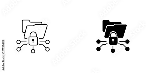 Minimal black outline folder with padlock icon set,representing file security, data privacy, cybersecurity, confidential information, secure storage, and digital protection.