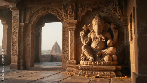 Serene Ganesha Statue Inside Ancient Temple at Sunrise