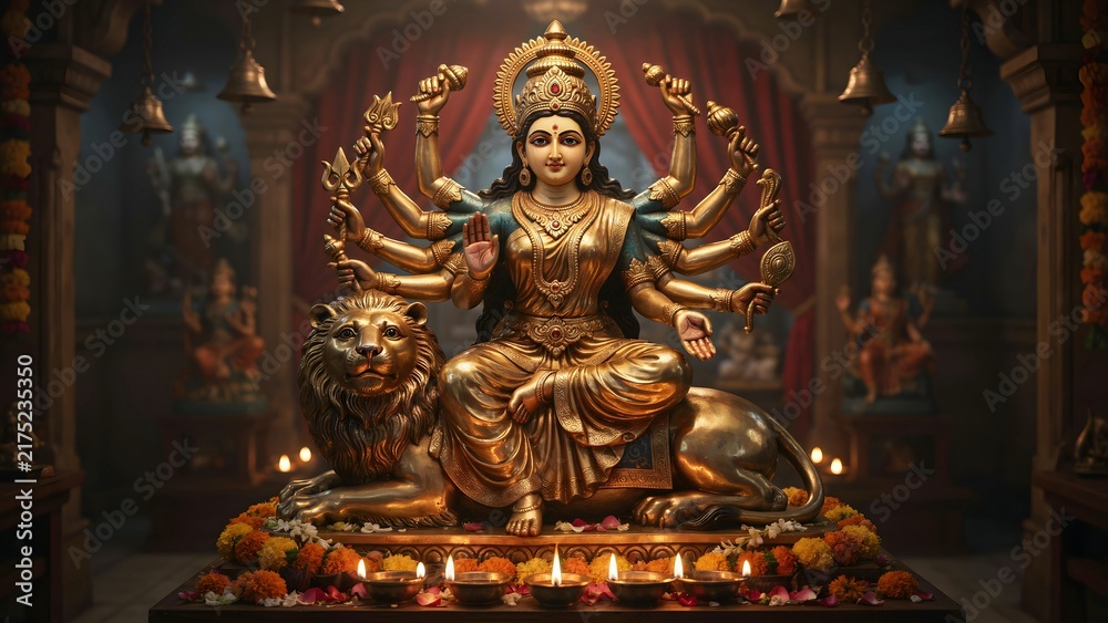 Fototapeta premium Majestic Golden Statue of Goddess Durga in Divine Temple Setting