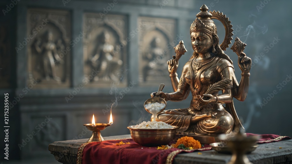 Fototapeta premium Exquisite Brass Statue of Goddess with Offerings and Ambient Lighting