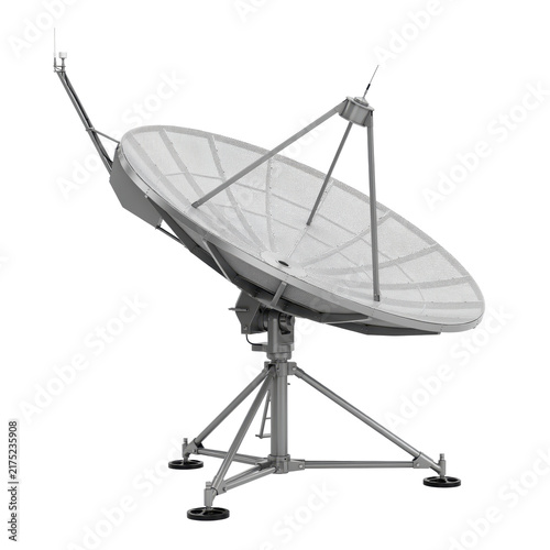 Large metallic satellite dish antenna mounted on a sturdy tripod stand for telecommunications signal reception isolated on a transparent background