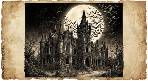 Spooky gothic haunted castle with bats for Halloween background